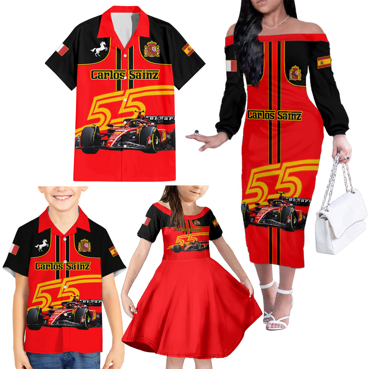 Personalised Carlos Sainz 55 Family Matching Off Shoulder Long Sleeve Dress and Hawaiian Shirt 2023 Singapore GP - Wonder Print Shop