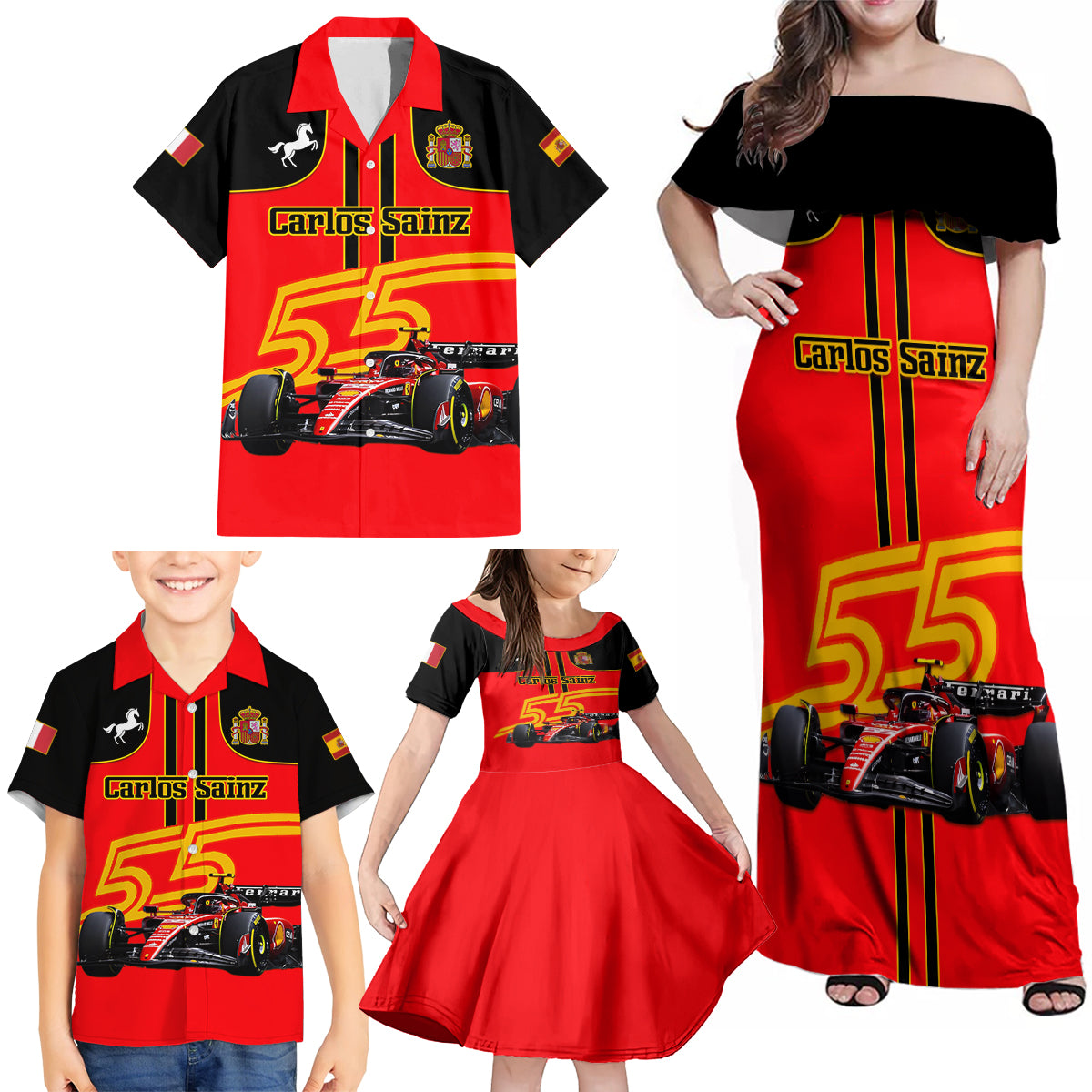 Personalised Carlos Sainz 55 Family Matching Off Shoulder Maxi Dress and Hawaiian Shirt 2023 Singapore GP - Wonder Print Shop