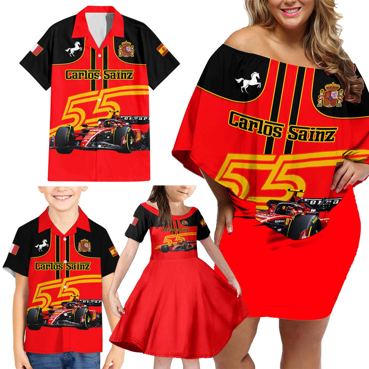 Personalised Carlos Sainz 55 Family Matching Off Shoulder Short Dress and Hawaiian Shirt 2023 Singapore GP - Wonder Print Shop