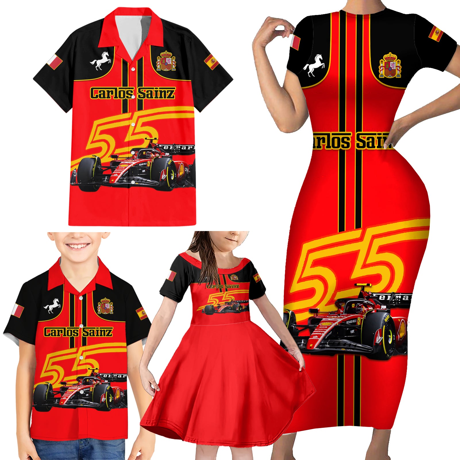 Personalised Carlos Sainz 55 Family Matching Short Sleeve Bodycon Dress and Hawaiian Shirt 2023 Singapore GP - Wonder Print Shop