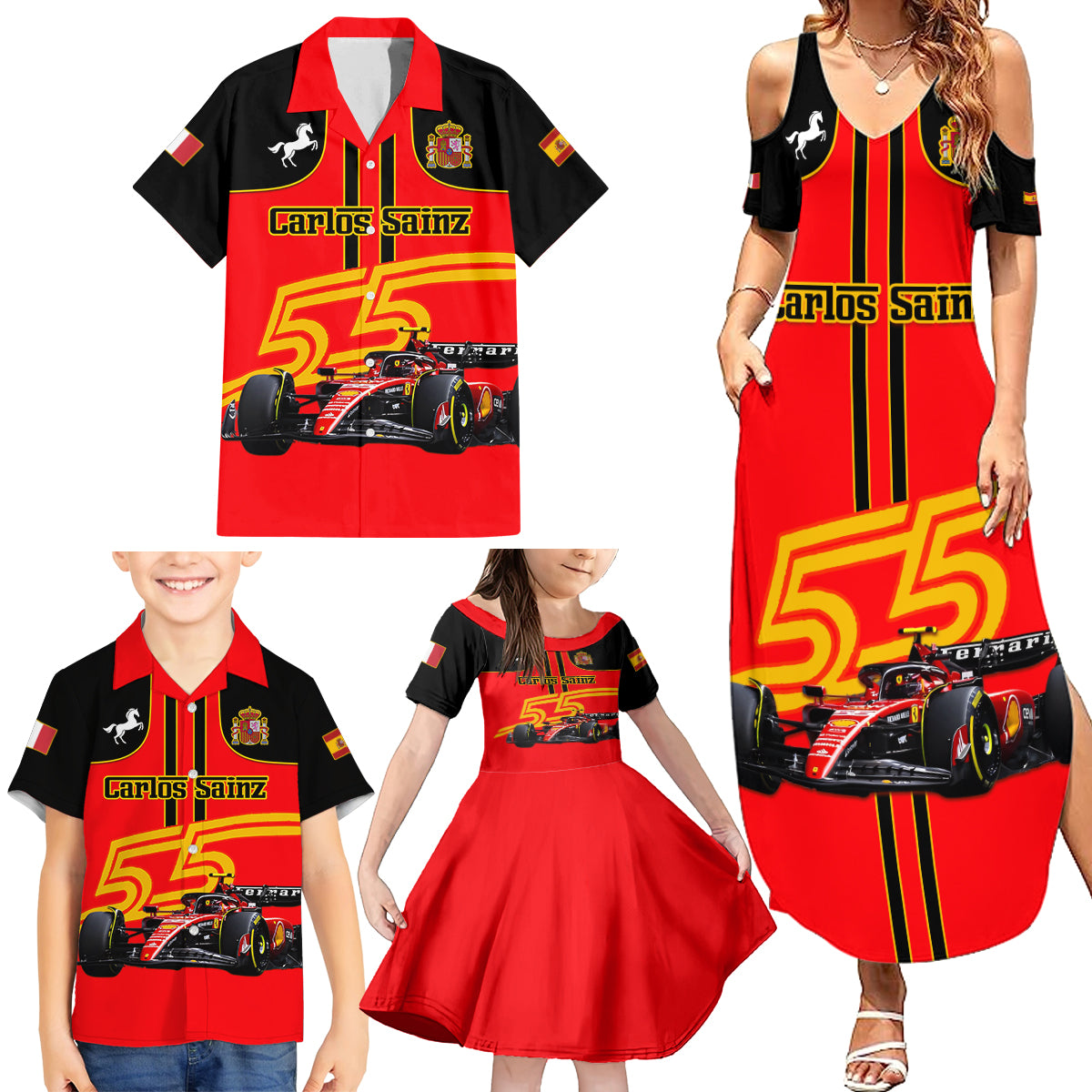 Personalised Carlos Sainz 55 Family Matching Summer Maxi Dress and Hawaiian Shirt 2023 Singapore GP - Wonder Print Shop