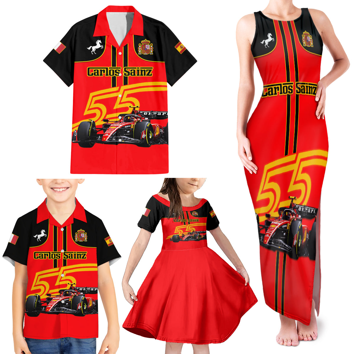 Personalised Carlos Sainz 55 Family Matching Tank Maxi Dress and Hawaiian Shirt 2023 Singapore GP - Wonder Print Shop