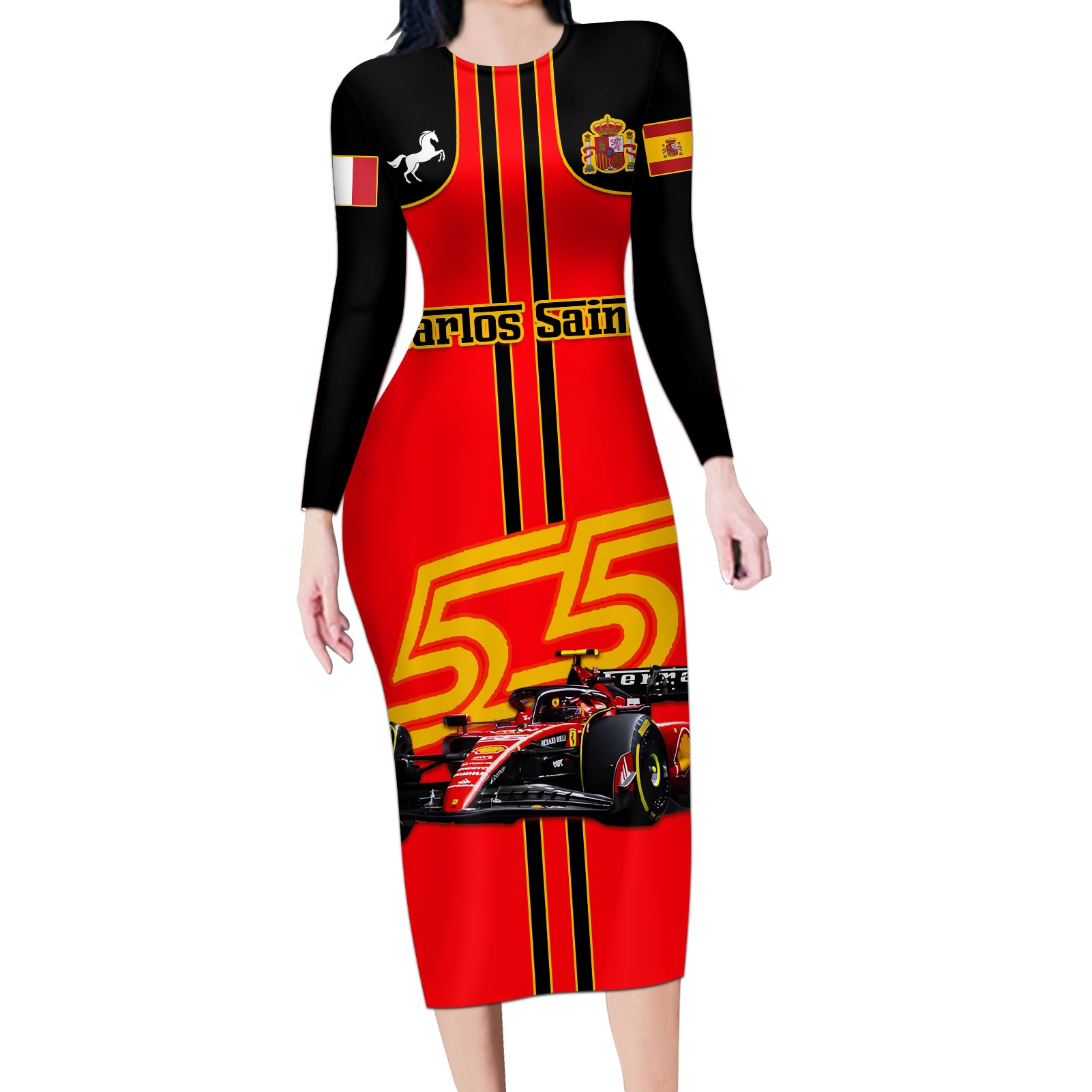 Personalised Carlos Sainz 55 Long Sleeve Bodycon Dress 2023 Singapore GP - Wonder Print Shop