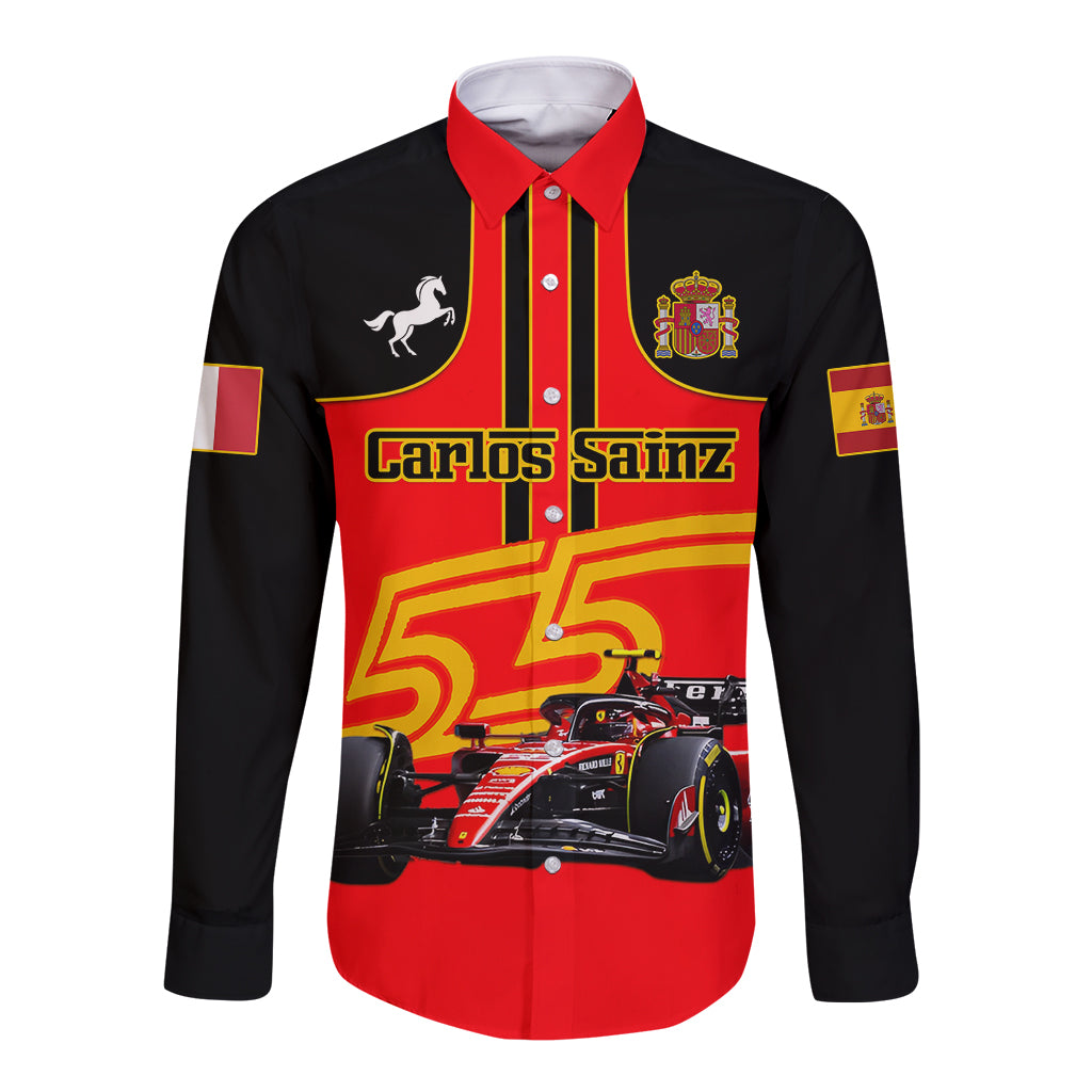 Unisex long sleeve button shirt with red and black racing graphic, Carlos Sainz 55
