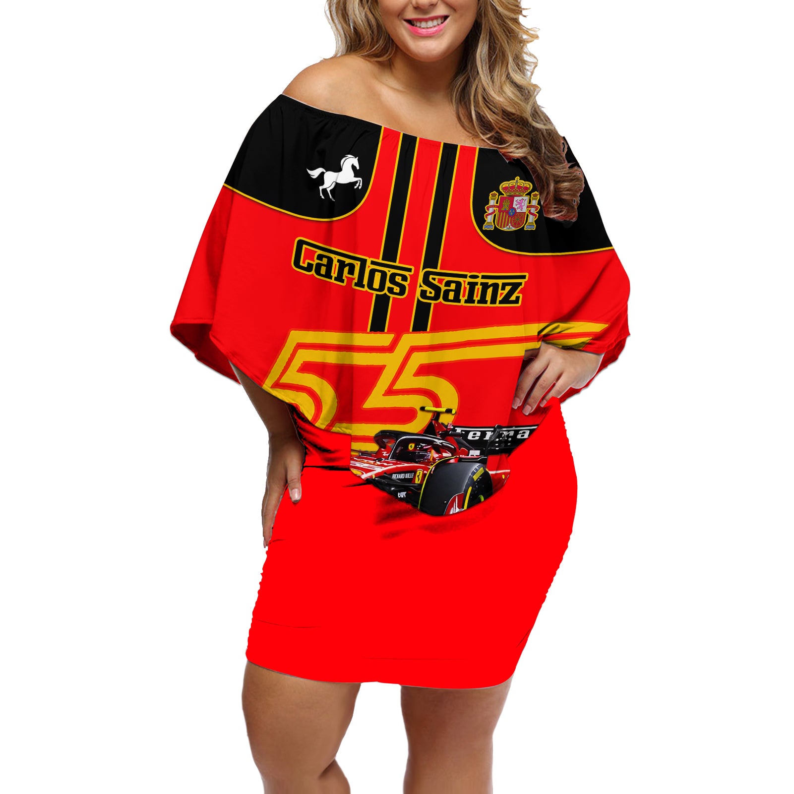 Personalised Carlos Sainz 55 Off Shoulder Short Dress 2023 Singapore GP - Wonder Print Shop