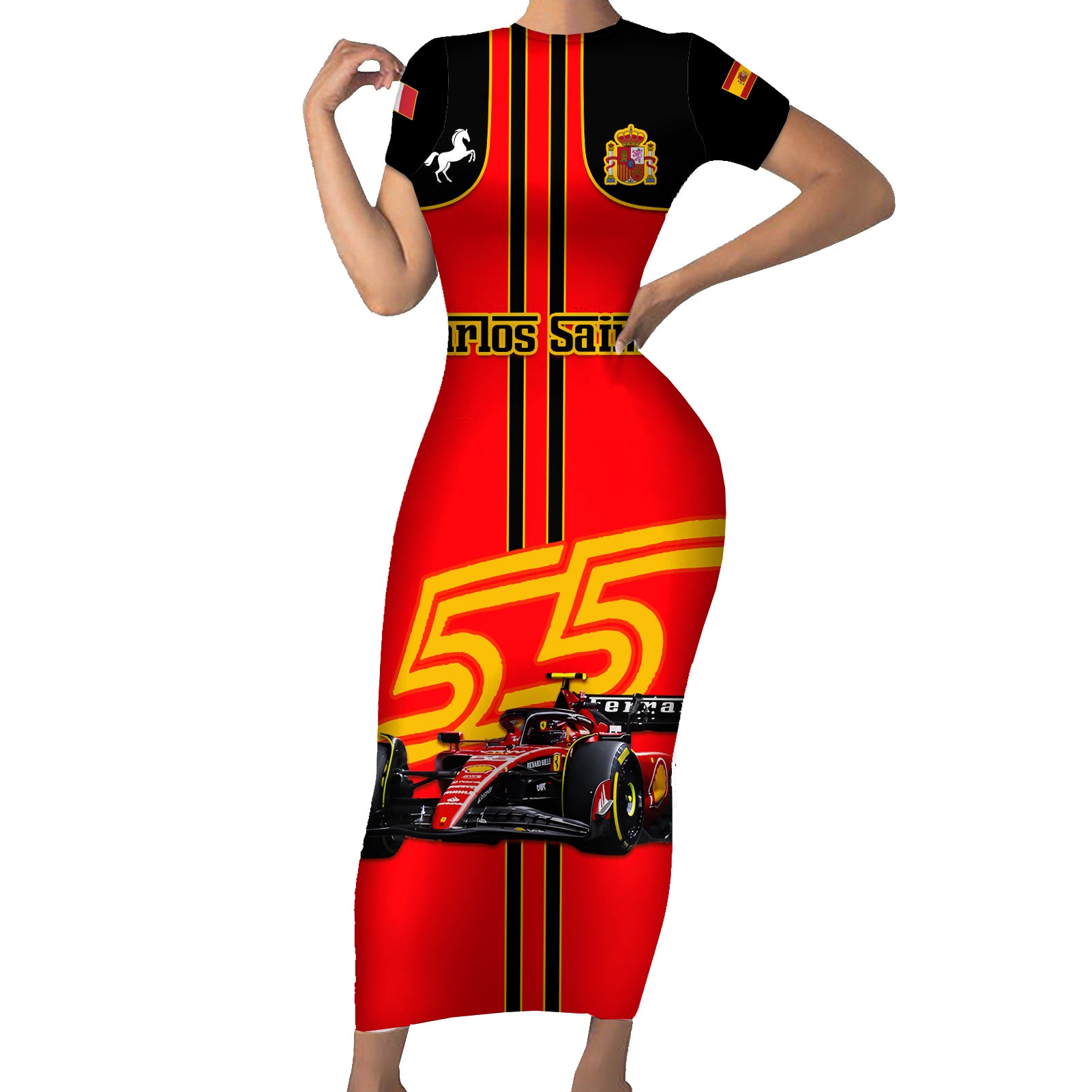 Personalised Carlos Sainz 55 Short Sleeve Bodycon Dress 2023 Singapore GP - Wonder Print Shop