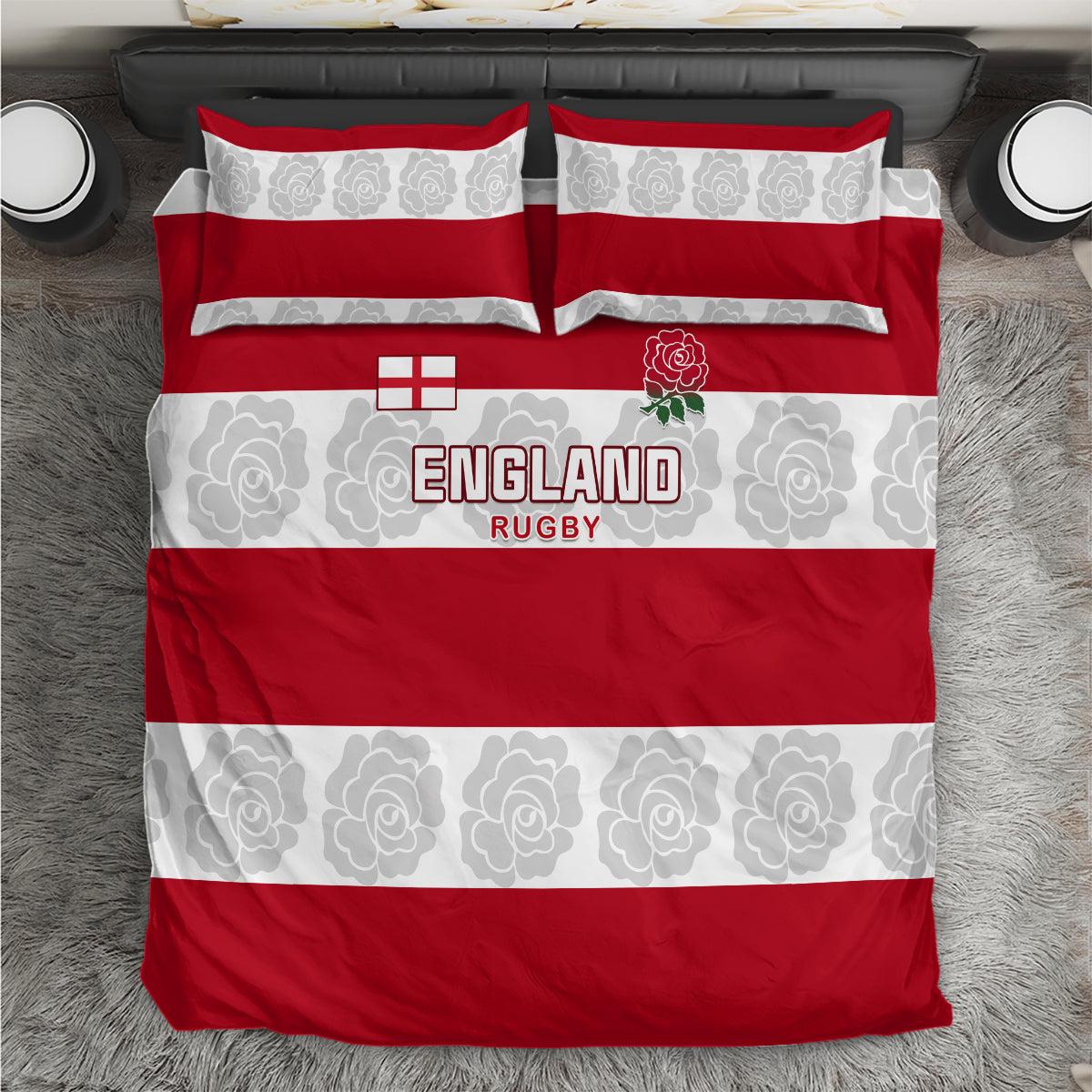 Red and white England rugby bedding set with rose emblem and striped duvet cover