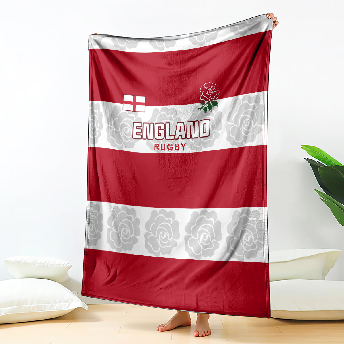 Red and white England Rugby blanket with rose emblem and bold striped design