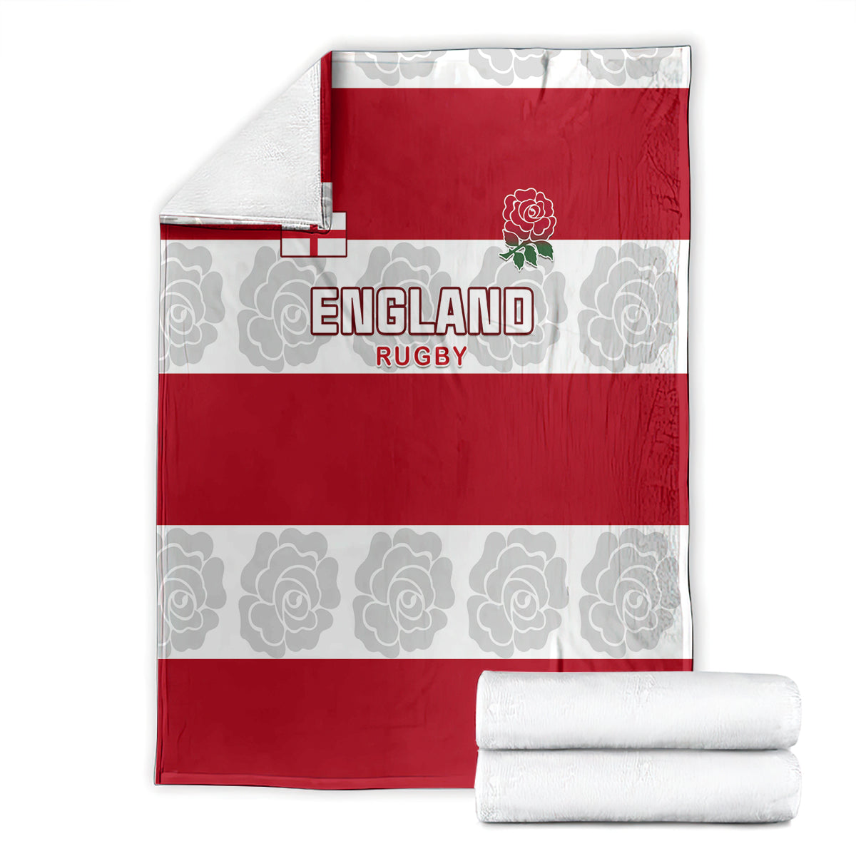Red and white England Rugby blanket with England text, rose emblem, and folded rolls
