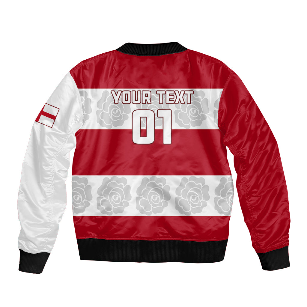 Red and white bomber jacket back with YOUR TEXT 01, striped panel, and sleeve flag patch