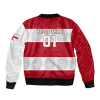 Red and white bomber jacket back with YOUR TEXT 01, striped panel, and sleeve flag patch