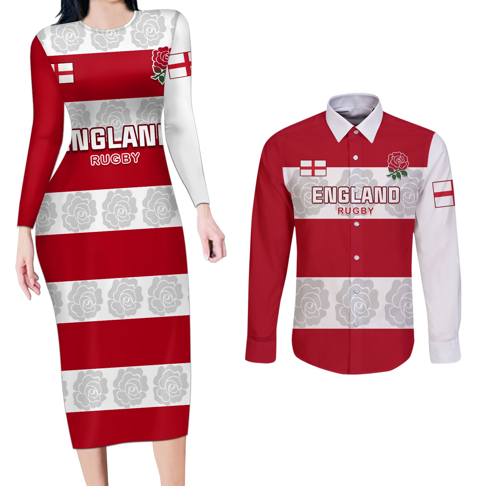 Custom England Rugby Couples Matching Long Sleeve Bodycon Dress and Long Sleeve Button Shirt The Red Rose Champion World Cup 2023 - Wonder Print Shop