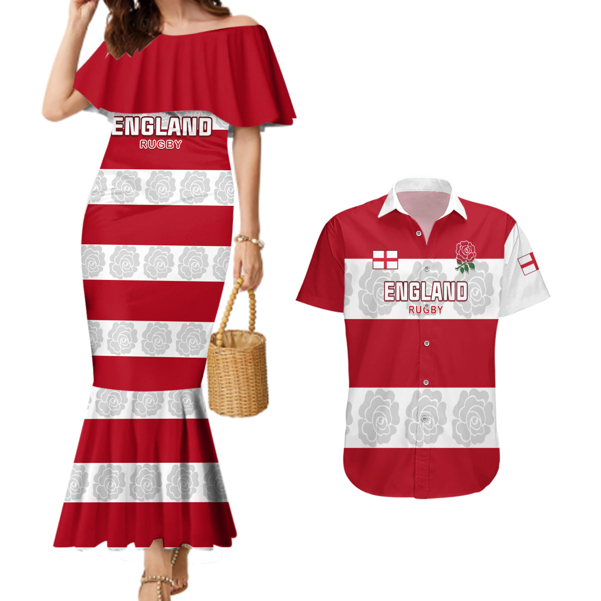 Custom England Rugby Couples Matching Mermaid Dress and Hawaiian Shirt The Red Rose Champion World Cup 2023 - Wonder Print Shop