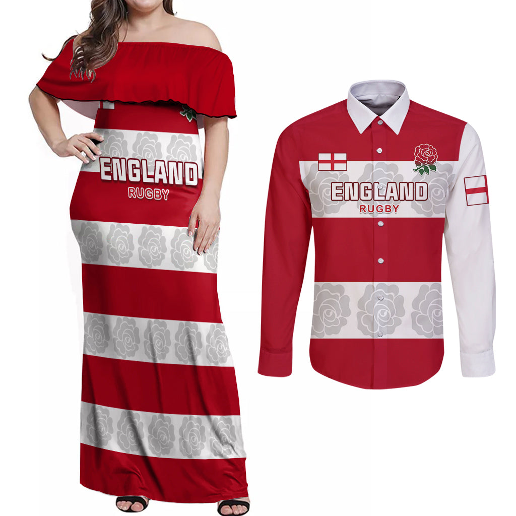 Custom England Rugby Couples Matching Off Shoulder Maxi Dress and Long Sleeve Button Shirt The Red Rose Champion World Cup 2023 - Wonder Print Shop