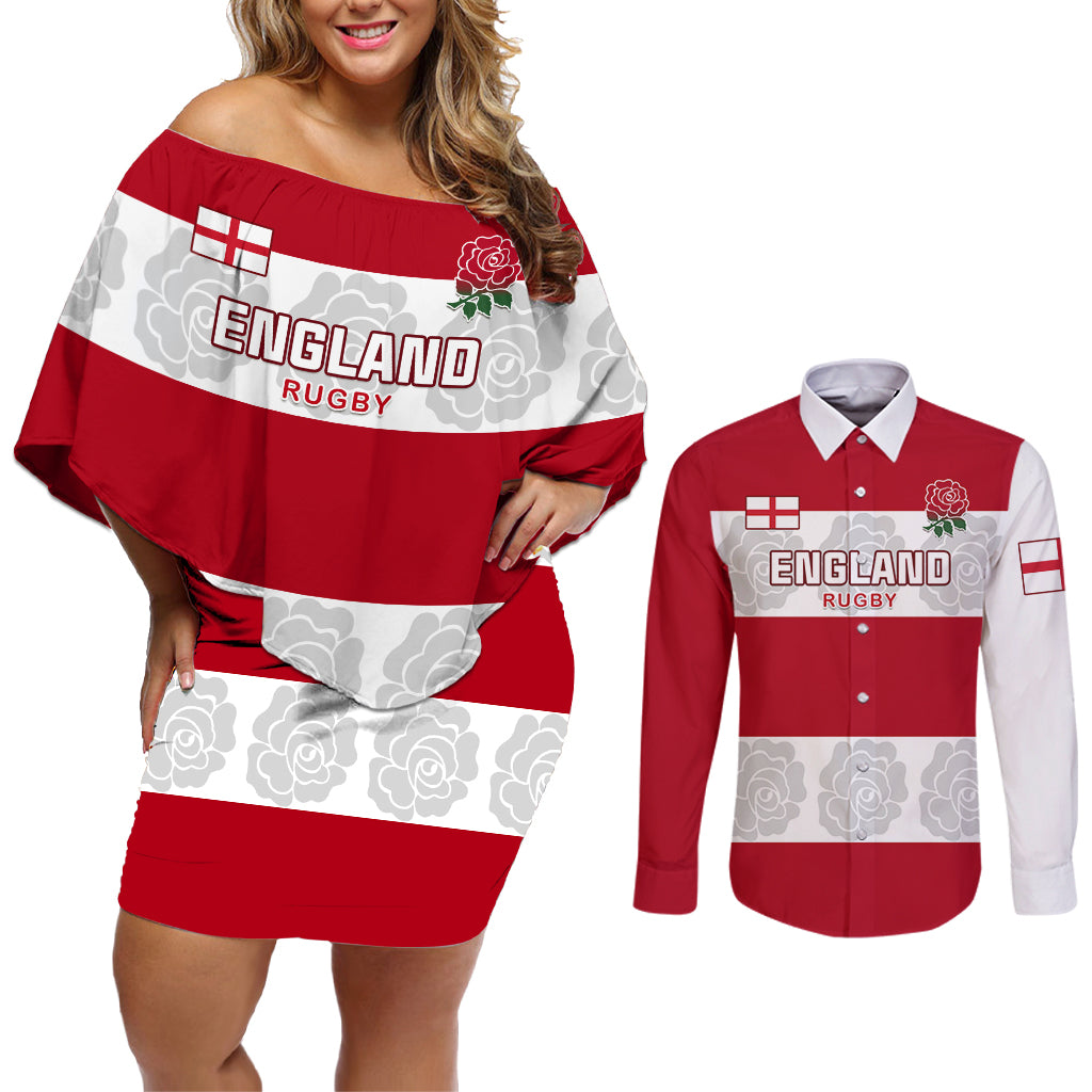 Custom England Rugby Couples Matching Off Shoulder Short Dress and Long Sleeve Button Shirt The Red Rose Champion World Cup 2023 - Wonder Print Shop