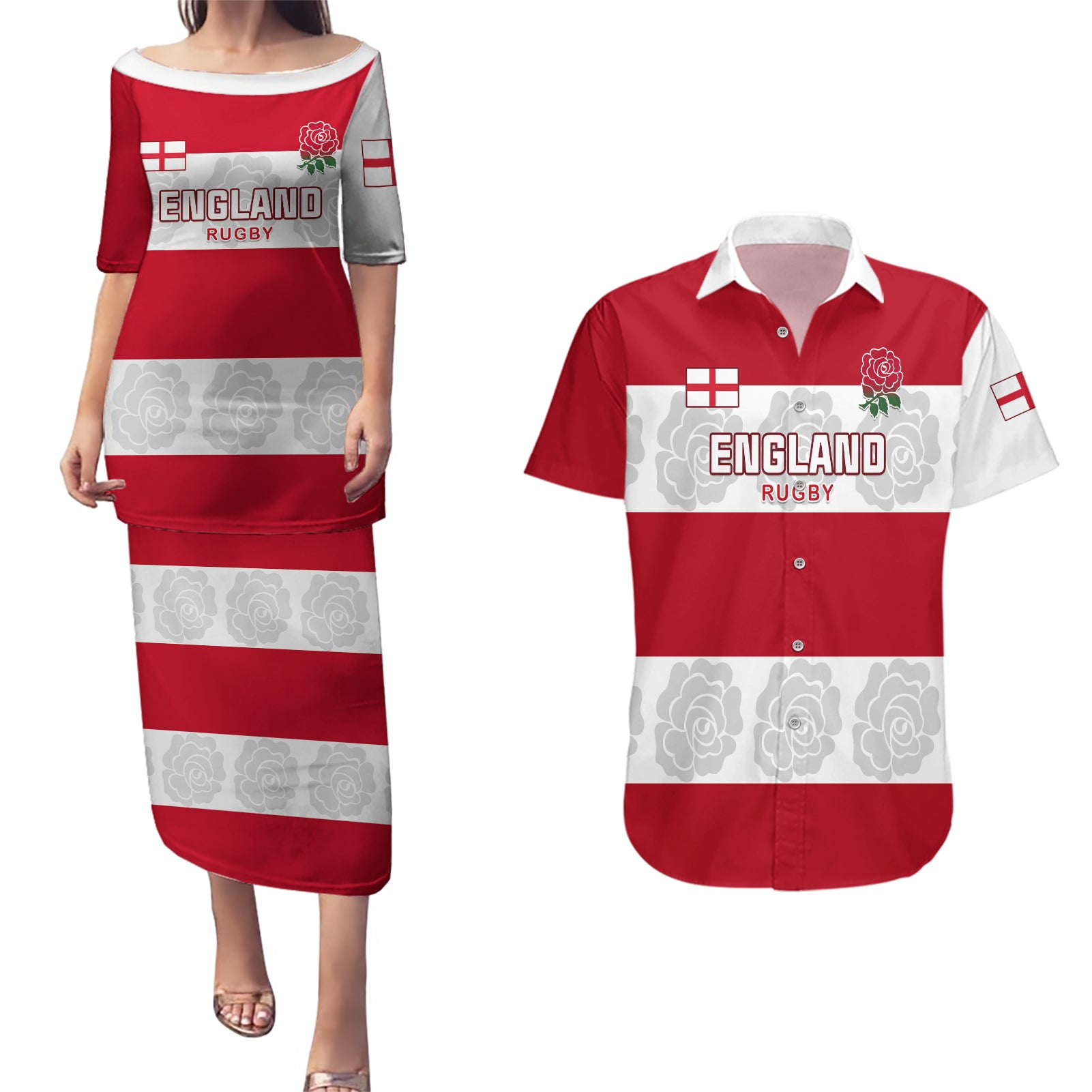 Custom England Rugby Couples Matching Puletasi Dress and Hawaiian Shirt The Red Rose Champion World Cup 2023 - Wonder Print Shop