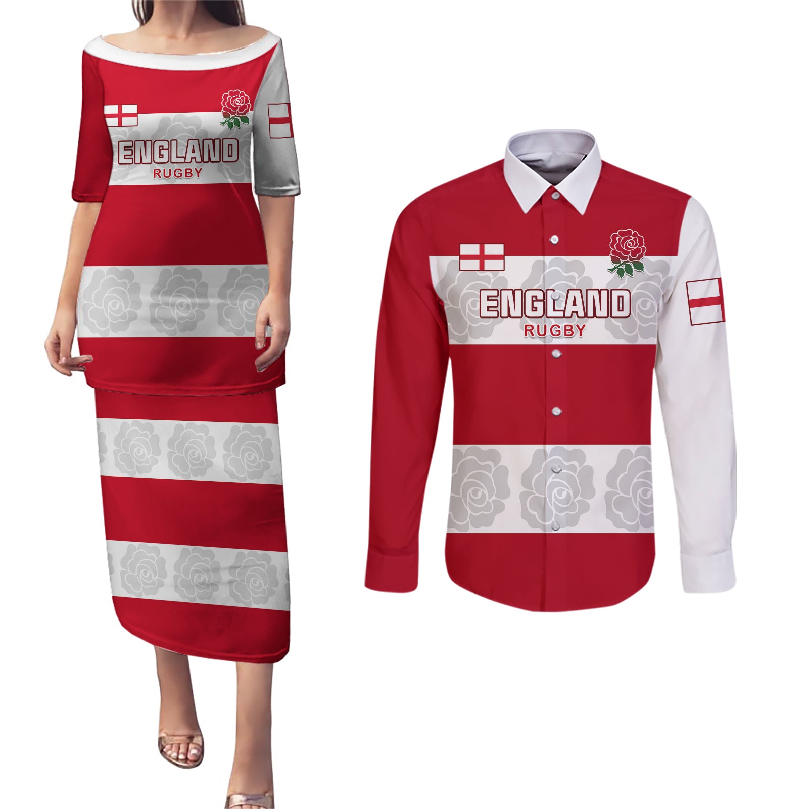 Custom England Rugby Couples Matching Puletasi Dress and Long Sleeve Button Shirt The Red Rose Champion World Cup 2023 - Wonder Print Shop