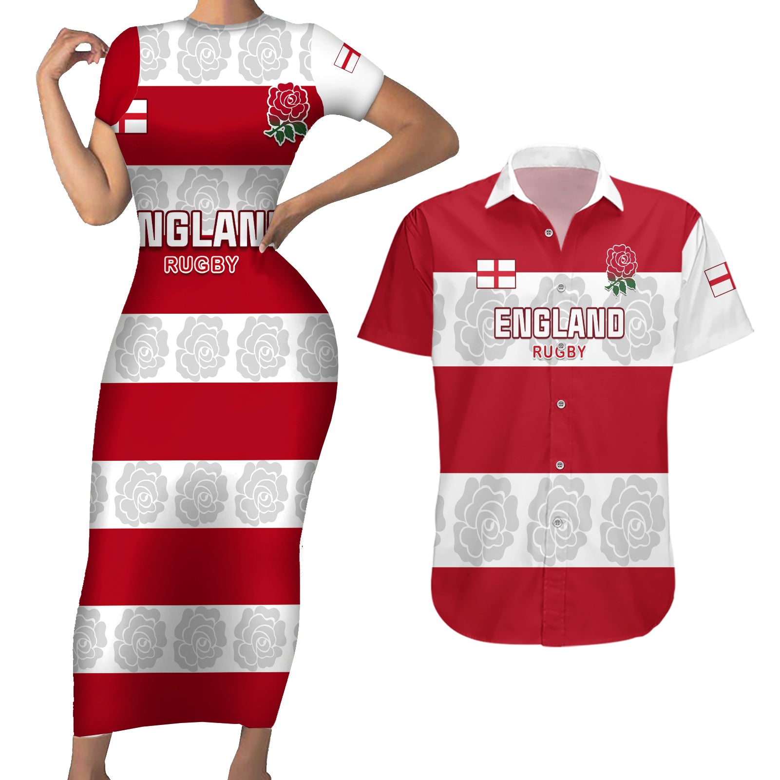 Custom England Rugby Couples Matching Short Sleeve Bodycon Dress and Hawaiian Shirt The Red Rose Champion World Cup 2023 - Wonder Print Shop