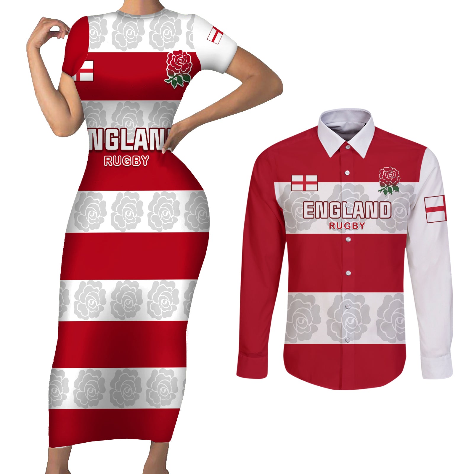 Custom England Rugby Couples Matching Short Sleeve Bodycon Dress and Long Sleeve Button Shirt The Red Rose Champion World Cup 2023 - Wonder Print Shop