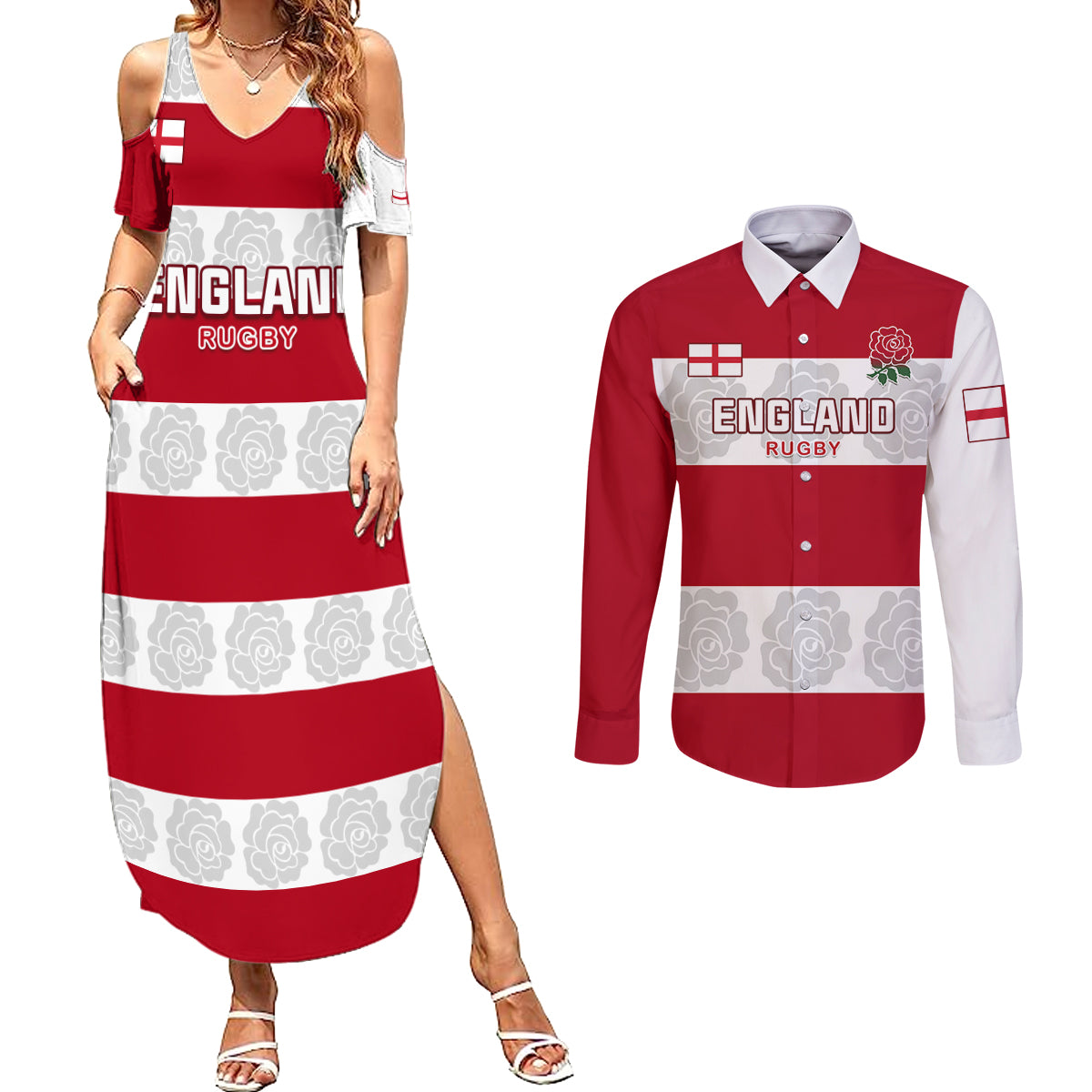 Custom England Rugby Couples Matching Summer Maxi Dress and Long Sleeve Button Shirt The Red Rose Champion World Cup 2023 - Wonder Print Shop