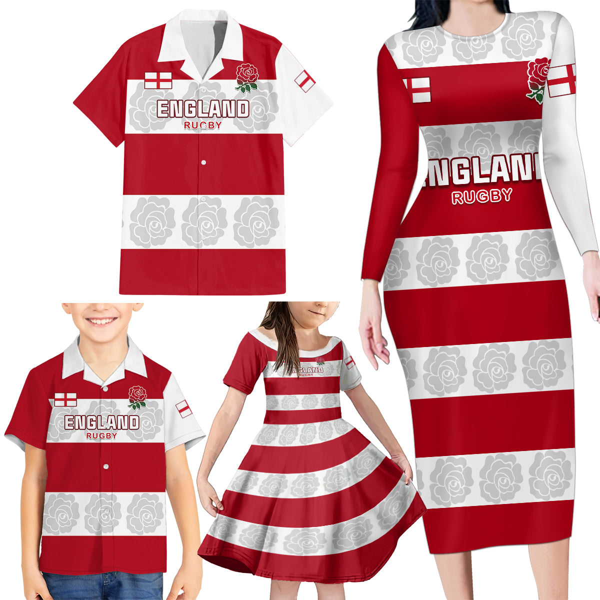 Custom England Rugby Family Matching Long Sleeve Bodycon Dress and Hawaiian Shirt The Red Rose Champion World Cup 2023 - Wonder Print Shop