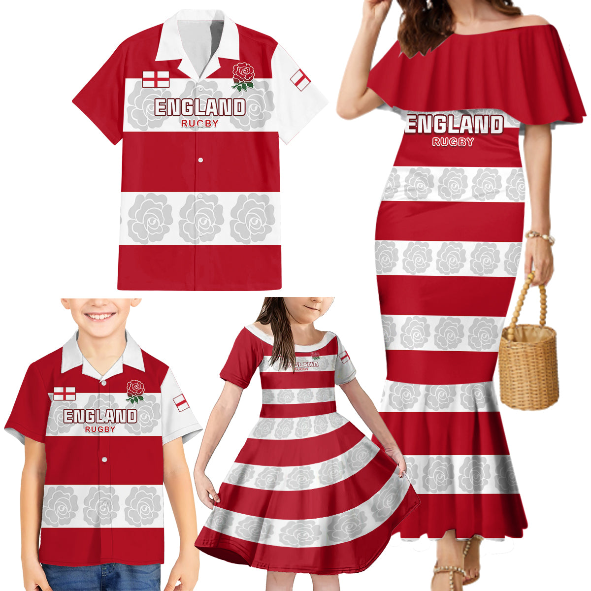 Custom England Rugby Family Matching Mermaid Dress and Hawaiian Shirt The Red Rose Champion World Cup 2023 - Wonder Print Shop