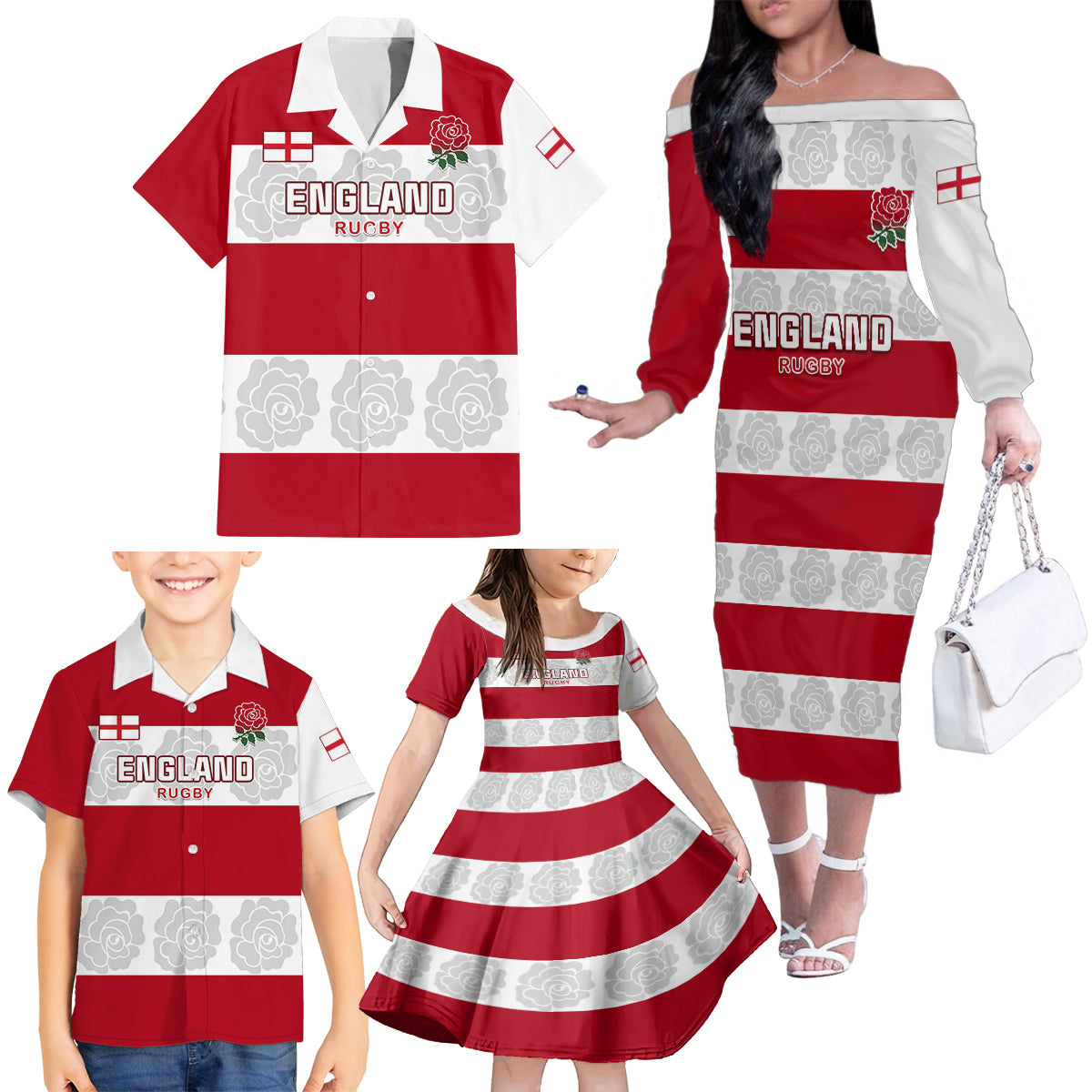 Custom England Rugby Family Matching Off Shoulder Long Sleeve Dress and Hawaiian Shirt The Red Rose Champion World Cup 2023 - Wonder Print Shop