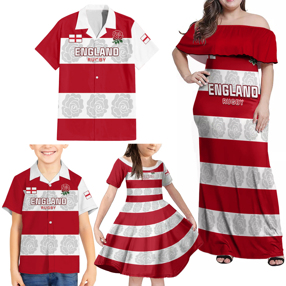 Custom England Rugby Family Matching Off Shoulder Maxi Dress and Hawaiian Shirt The Red Rose Champion World Cup 2023 - Wonder Print Shop