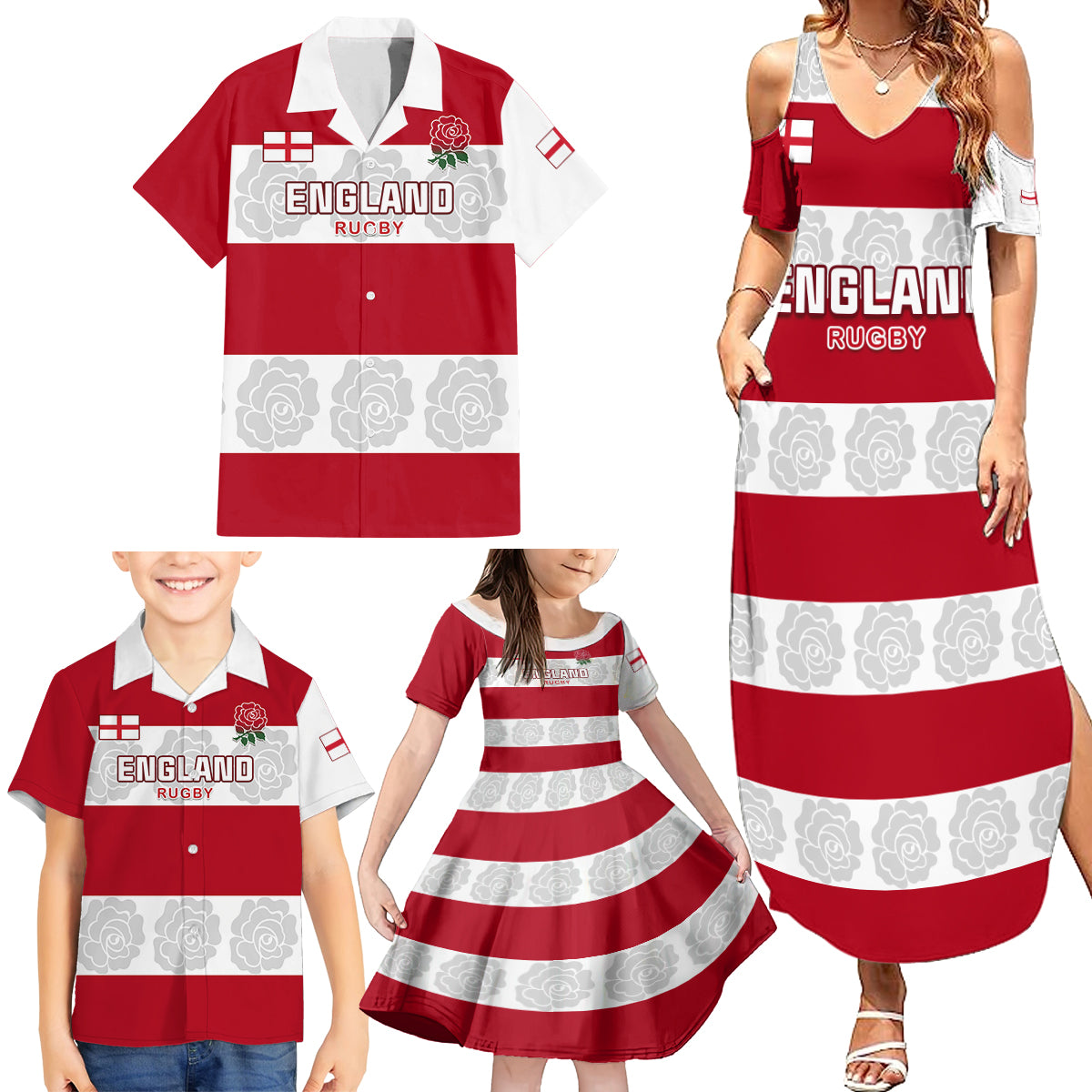 Custom England Rugby Family Matching Summer Maxi Dress and Hawaiian Shirt The Red Rose Champion World Cup 2023 - Wonder Print Shop