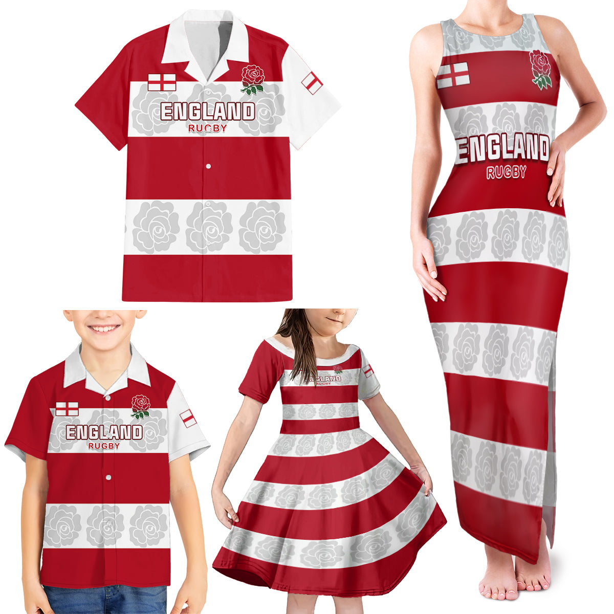 Custom England Rugby Family Matching Tank Maxi Dress and Hawaiian Shirt The Red Rose Champion World Cup 2023 - Wonder Print Shop