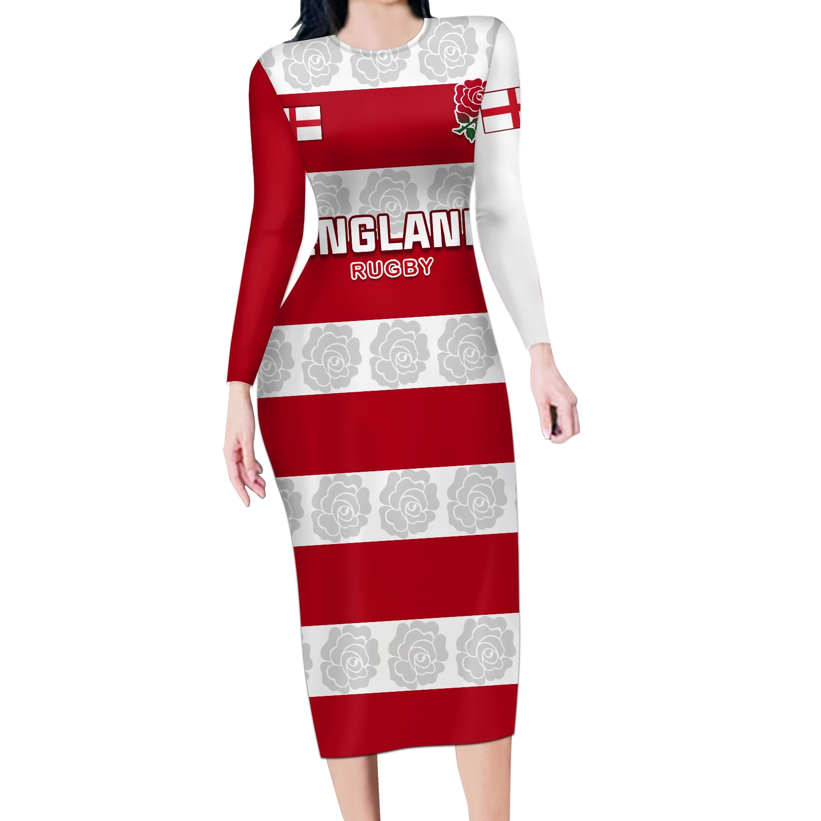 Custom England Rugby Long Sleeve Bodycon Dress The Red Rose Champion World Cup 2023 - Wonder Print Shop