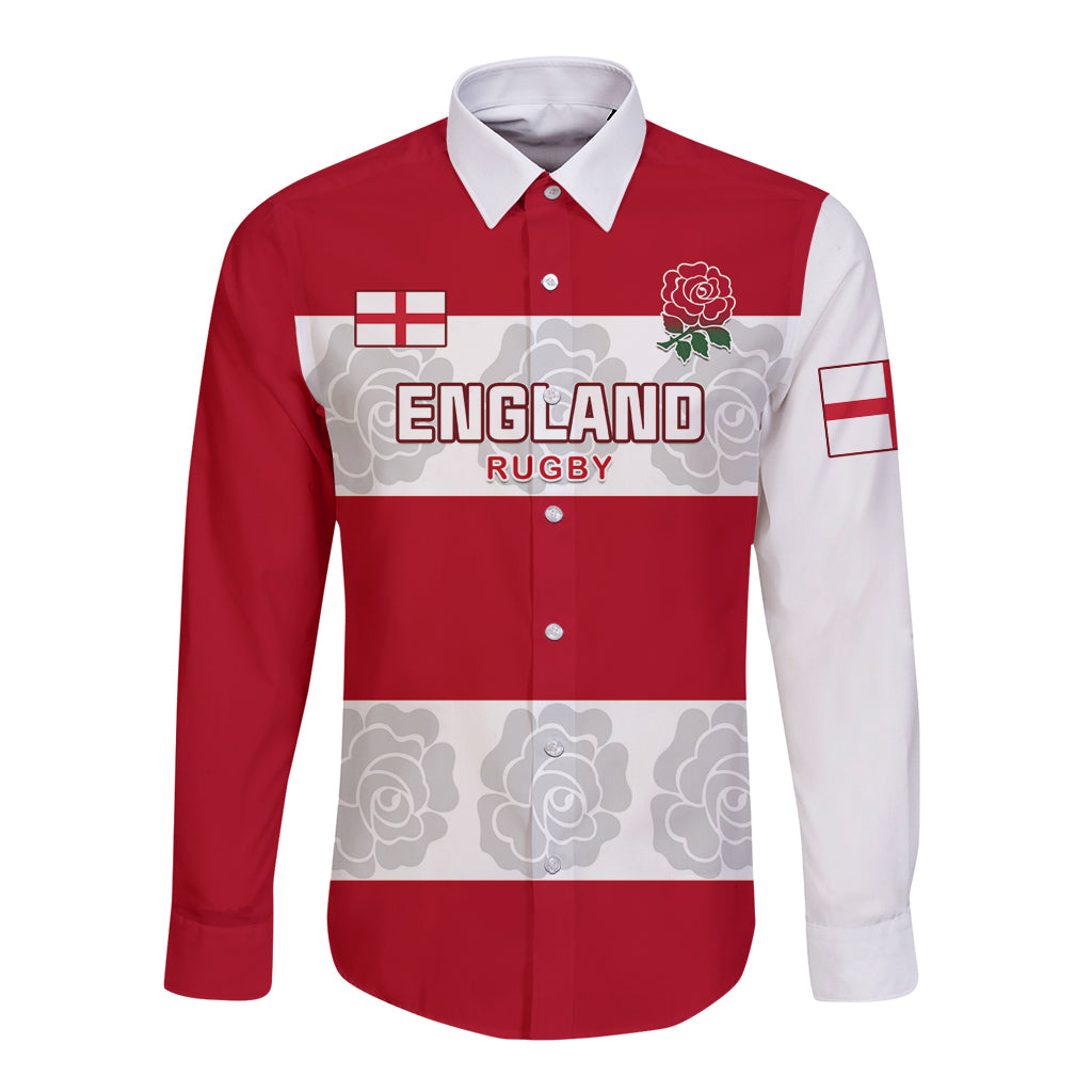Red rugby long-sleeve button shirt with white collar, sleeves, and England Rugby graphic