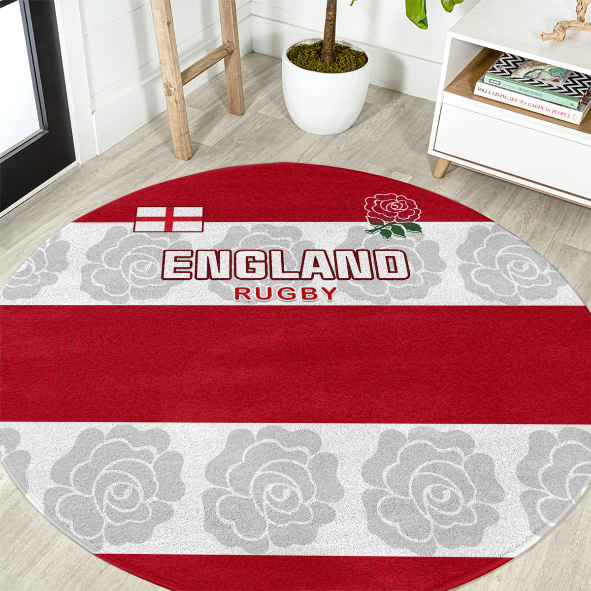 Red and gray round rug with England Rugby lettering and rose emblem
