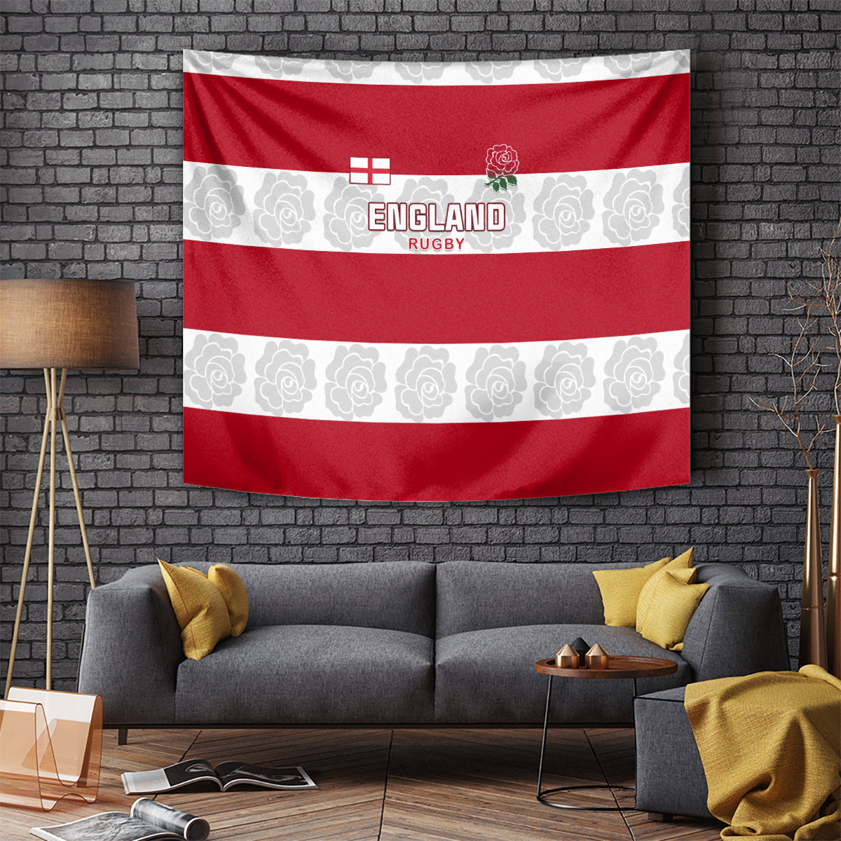 Red and white England Rugby tapestry with rose emblem, floral pattern, and union cross