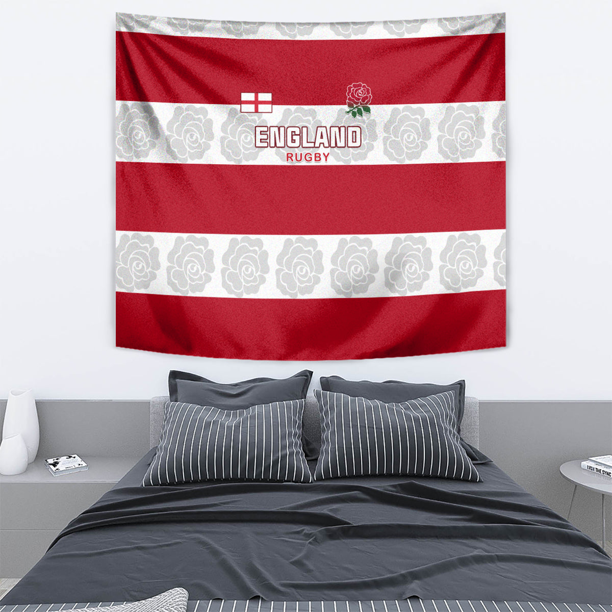 Red and white England Rugby tapestry showing rose logo, England Rugby text, and floral band