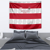 Red and white England Rugby tapestry showing rose logo, England Rugby text, and floral band