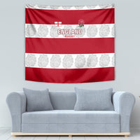 Red and white England Rugby tapestry featuring England Rugby text, rose emblem, and floral pattern