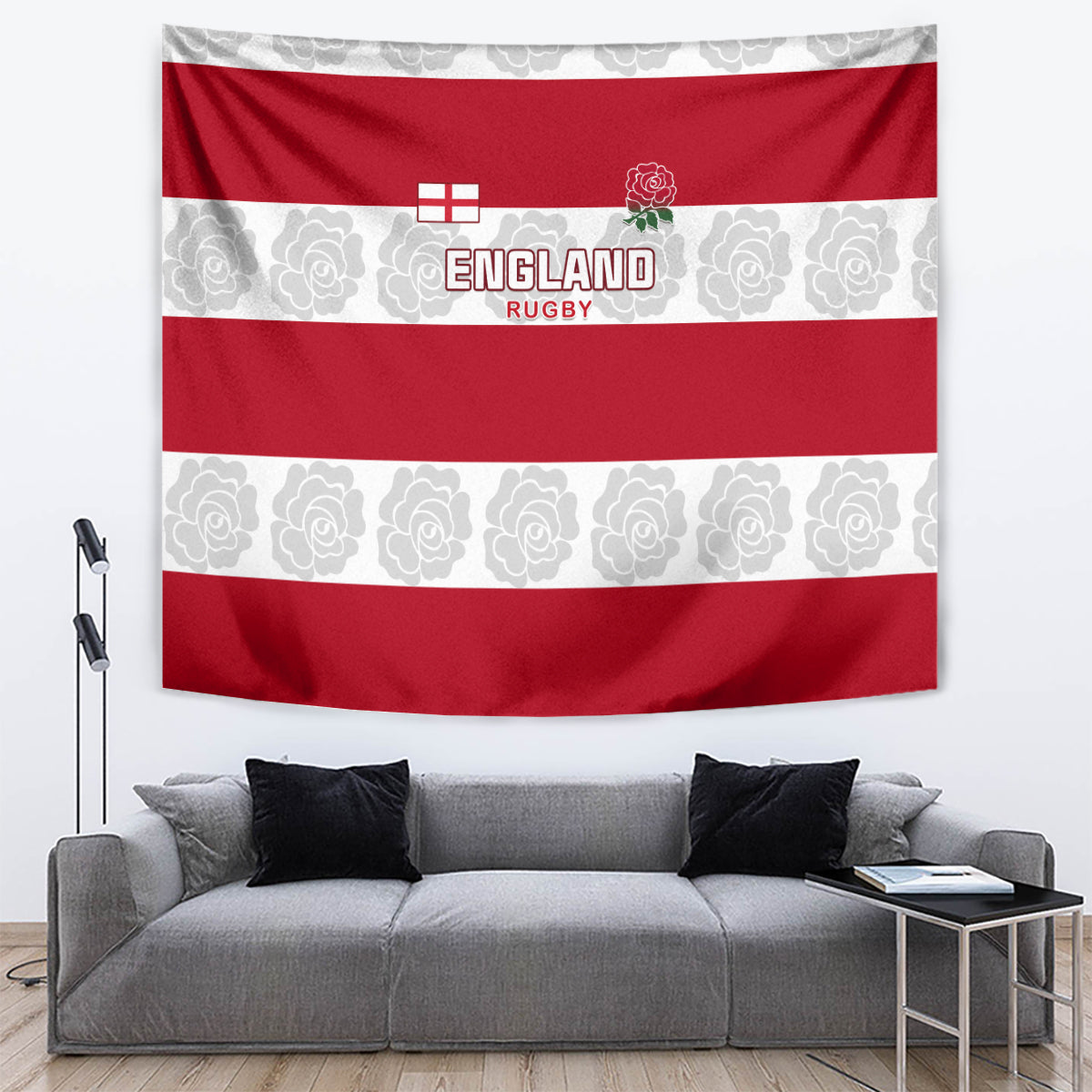 Red England Rugby tapestry with rose emblem, white stripes, and repeating floral pattern