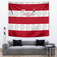 Red England Rugby tapestry with rose emblem, white stripes, and repeating floral pattern