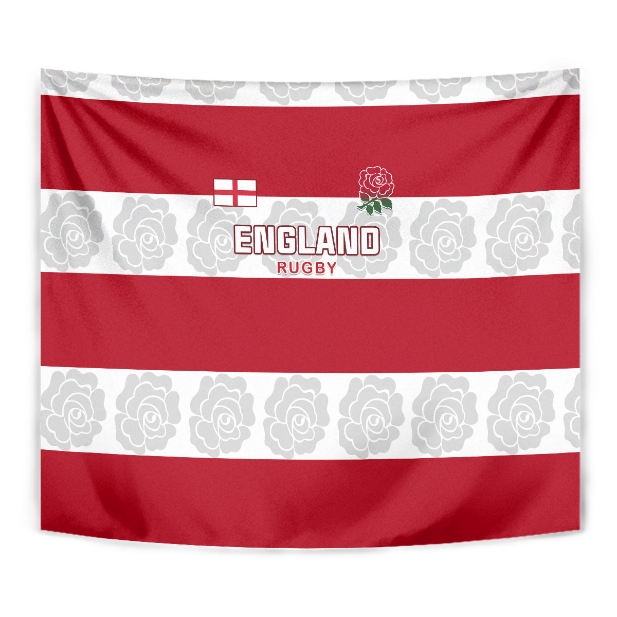Close-up red England Rugby tapestry with rose emblem, England Rugby text, and floral band