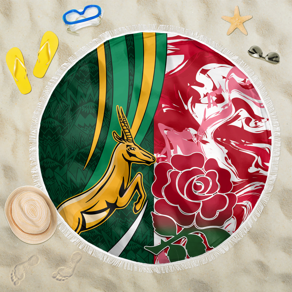 Custom South Africa and England Rugby Beach Blanket The Red Rose Protea Pattern - Wonder Print Shop