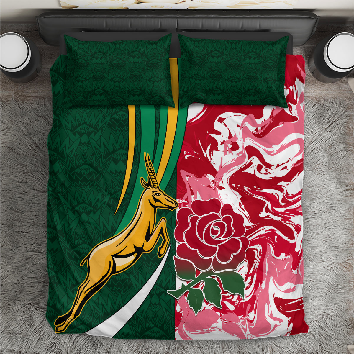 Rugby bedding set with green/red crest, stripes, and floral pattern; two pillowcases