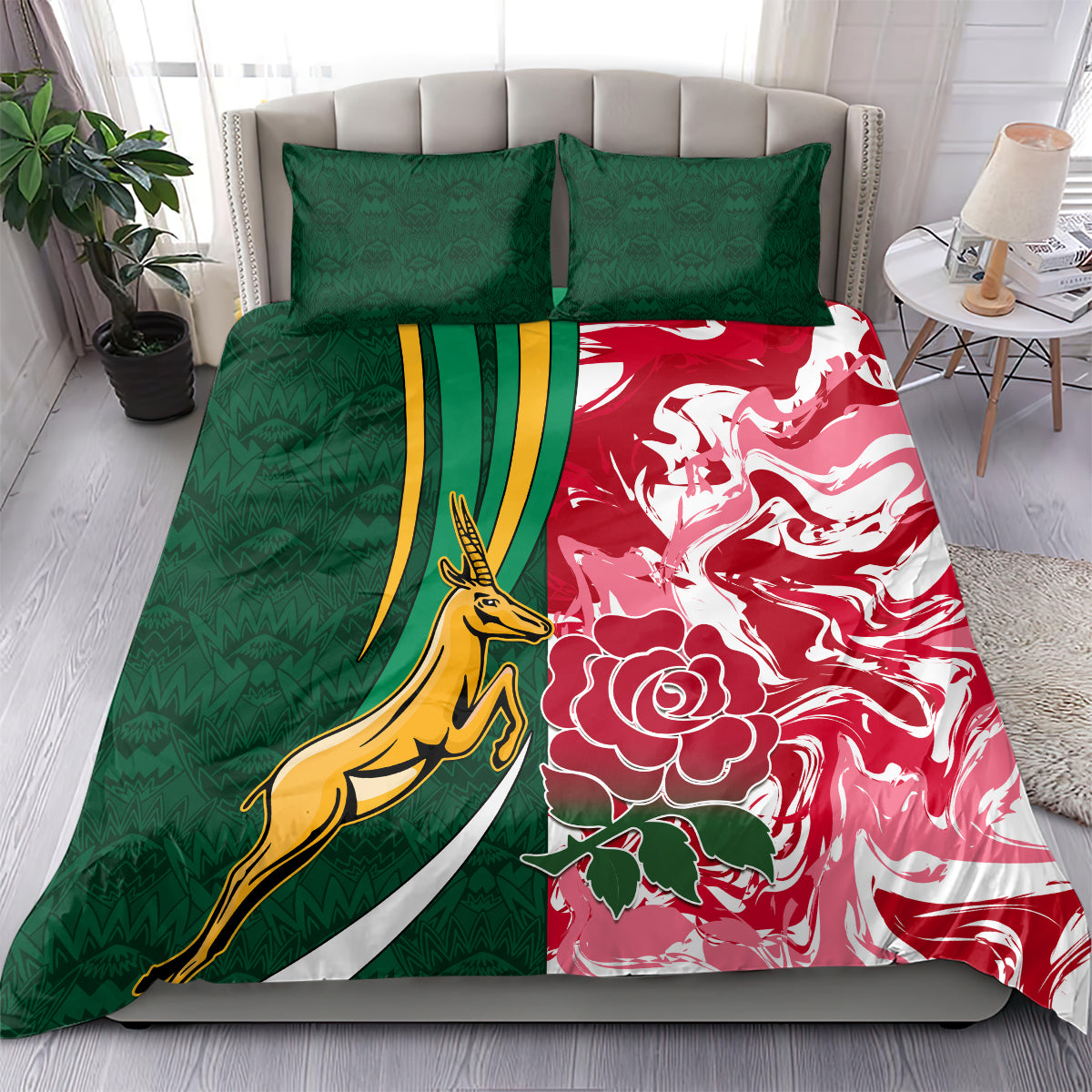 Rugby bedding set on bed, green and red crest-and-floral duvet with matching pillowcases