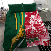 Rugby bedding set duvet with green left panel and red right panel crest-and-floral print