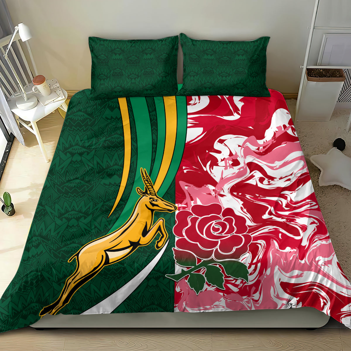Rugby bedding set with green and red crest, stripe, and floral duvet cover with two shams