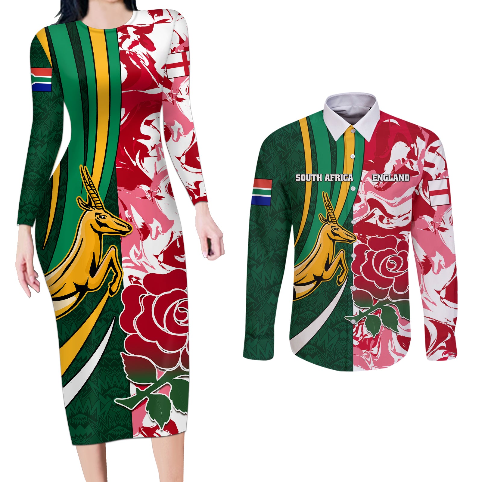 Custom South Africa and England Rugby Couples Matching Long Sleeve Bodycon Dress and Long Sleeve Button Shirt The Red Rose Protea Pattern - Wonder Print Shop