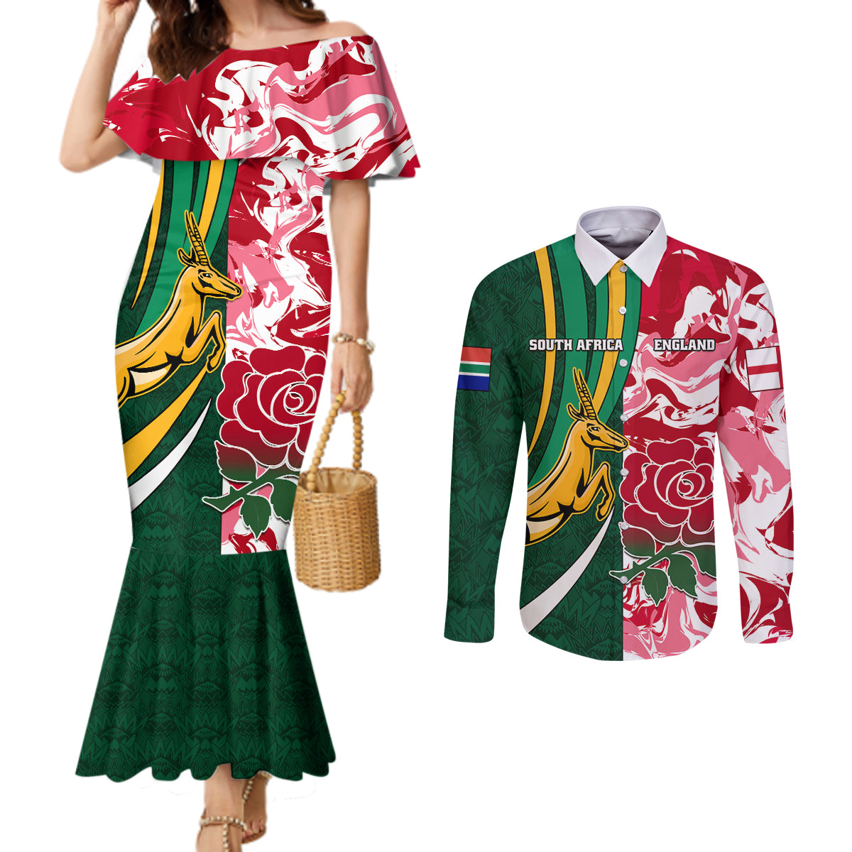 custom-south-africa-and-england-rugby-couples-matching-mermaid-dress-and-long-sleeve-button-shirt-the-red-rose-protea-pattern