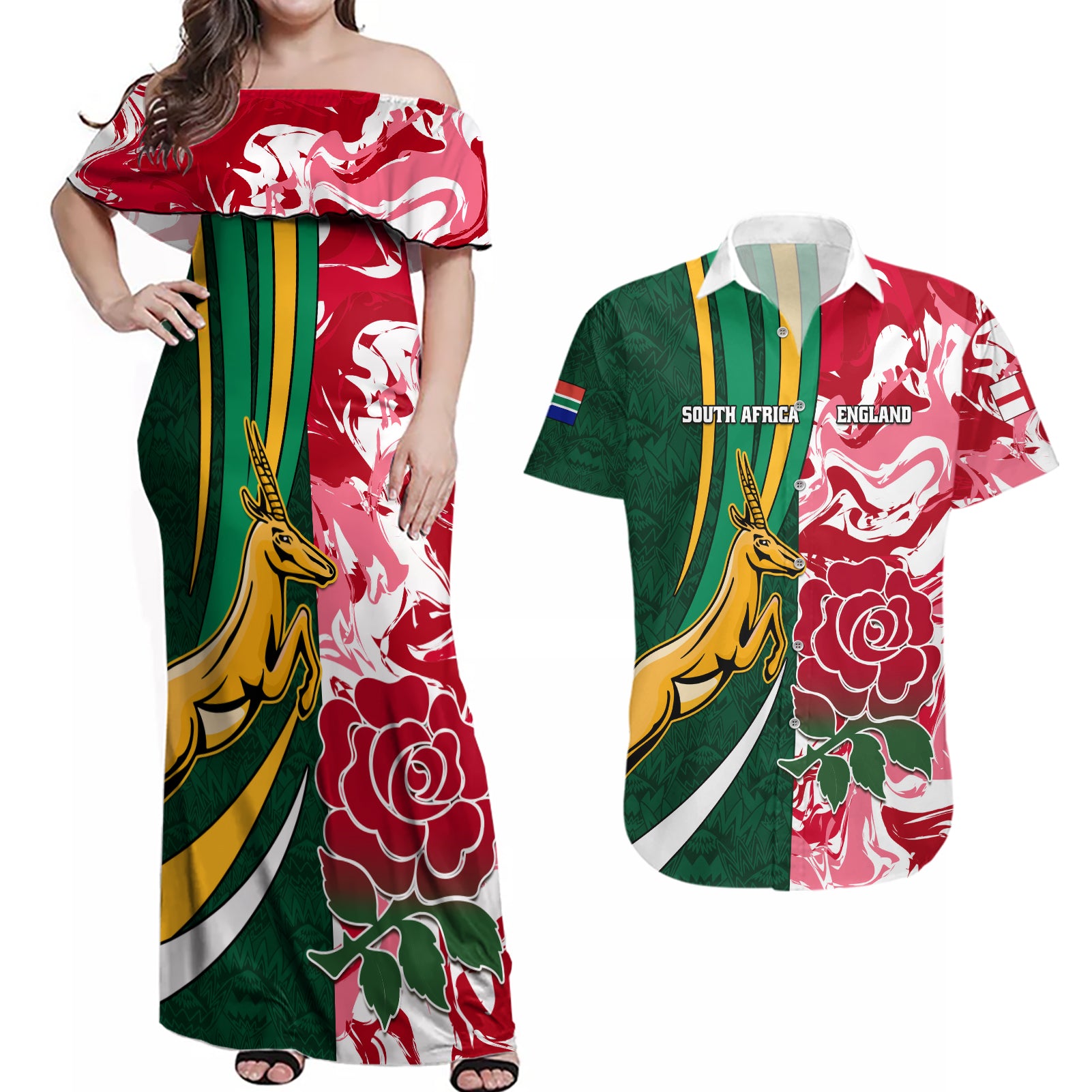 Custom South Africa and England Rugby Couples Matching Off Shoulder Maxi Dress and Hawaiian Shirt The Red Rose Protea Pattern - Wonder Print Shop