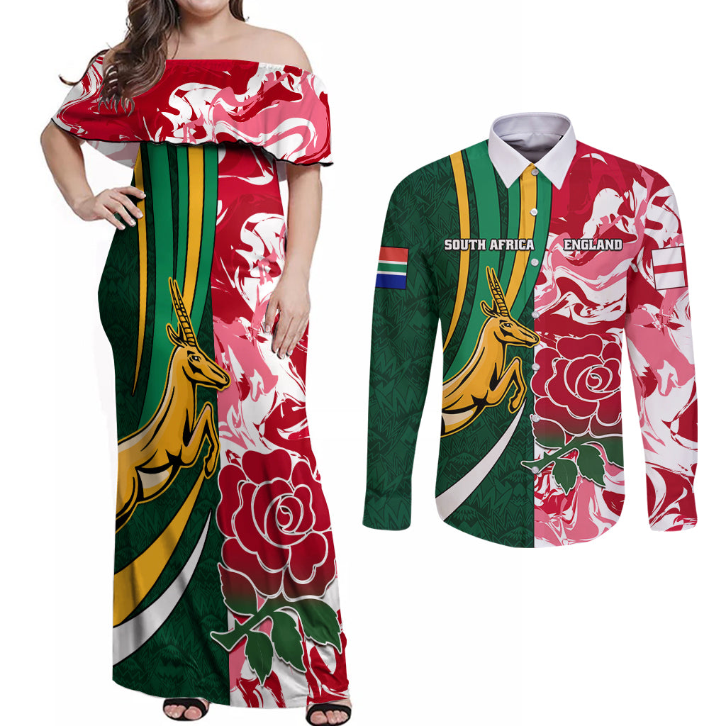 Custom South Africa and England Rugby Couples Matching Off Shoulder Maxi Dress and Long Sleeve Button Shirt The Red Rose Protea Pattern - Wonder Print Shop