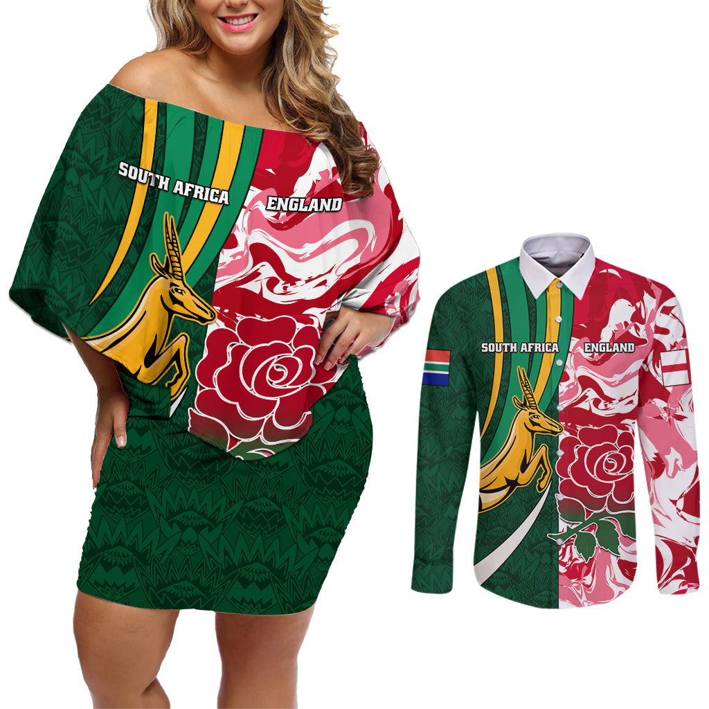 Custom South Africa and England Rugby Couples Matching Off Shoulder Short Dress and Long Sleeve Button Shirt The Red Rose Protea Pattern - Wonder Print Shop